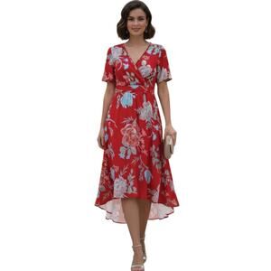 Just Fashion Now NWT Floral V Neck Hi-Low Short Sleeve Midi Dress sz L
